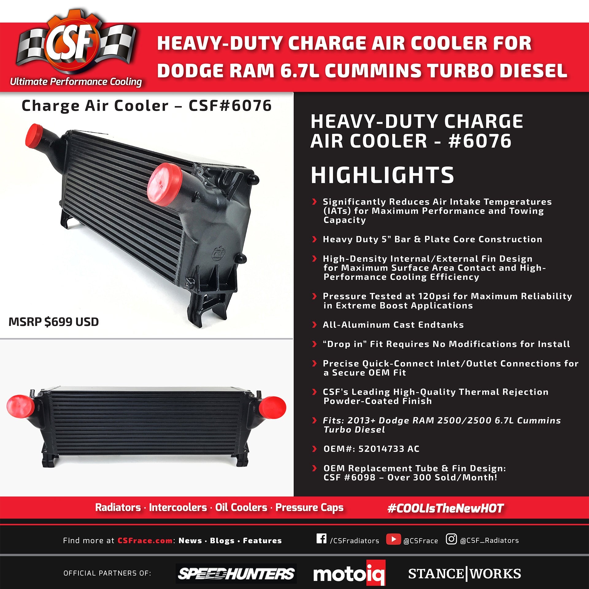 CSF #6076 13-17 Ram 2500 / 3500 6.7L Cummins Turbo Diesel Heavy Duty Intercooler