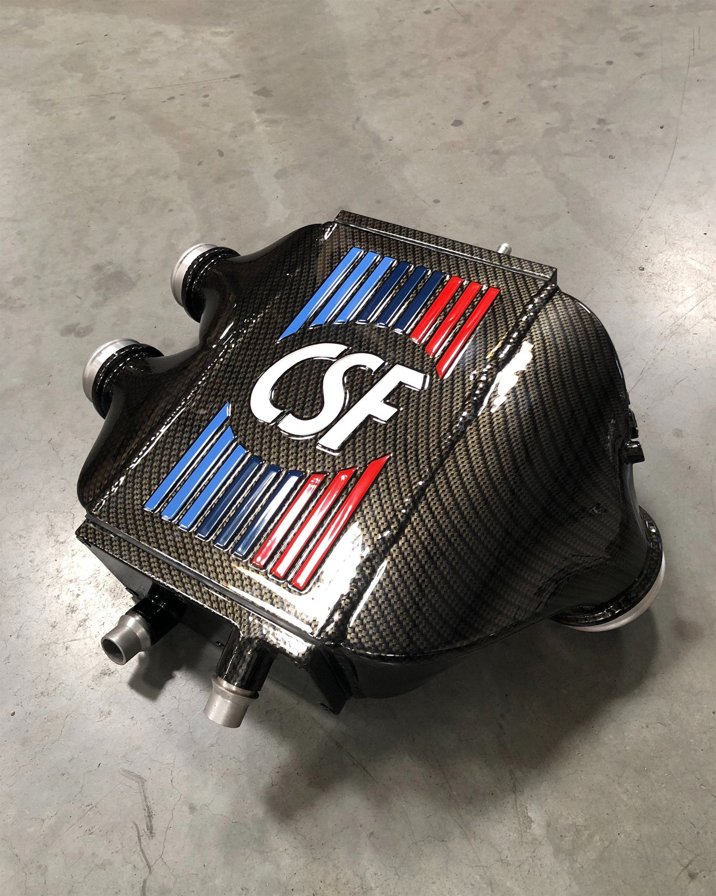 CSF #8082R F8X M3 / M4 / M2 Comp Top Mount Charge-Air-Cooler - Raw Finish custom finish - Hydro-dipped Carbon Fiber w/ BMW M Color Striping and silverstone logo +$900.00