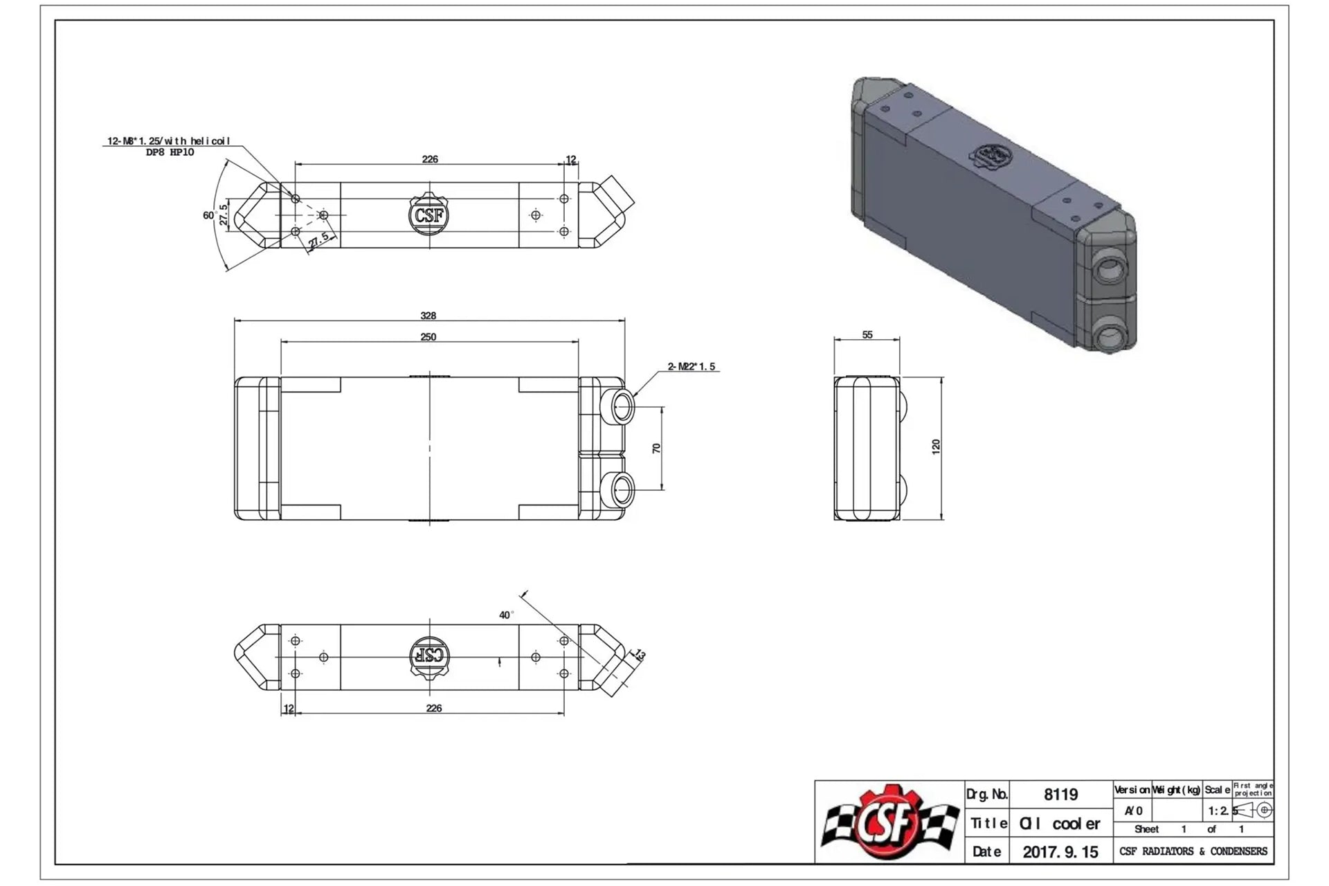 CSF #8119 Universal Dual-Pass Oil Cooler - M22 x 1.5 connections - 13L x 4.75H x 2.16W