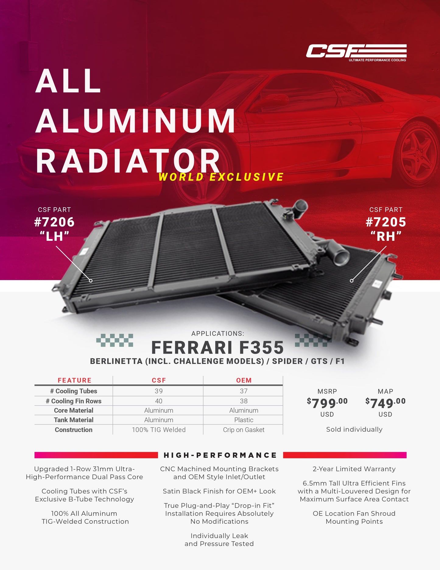 CSF #7206 94-99 Ferrari F355 High-Performance All-Aluminum Radiator (LH)