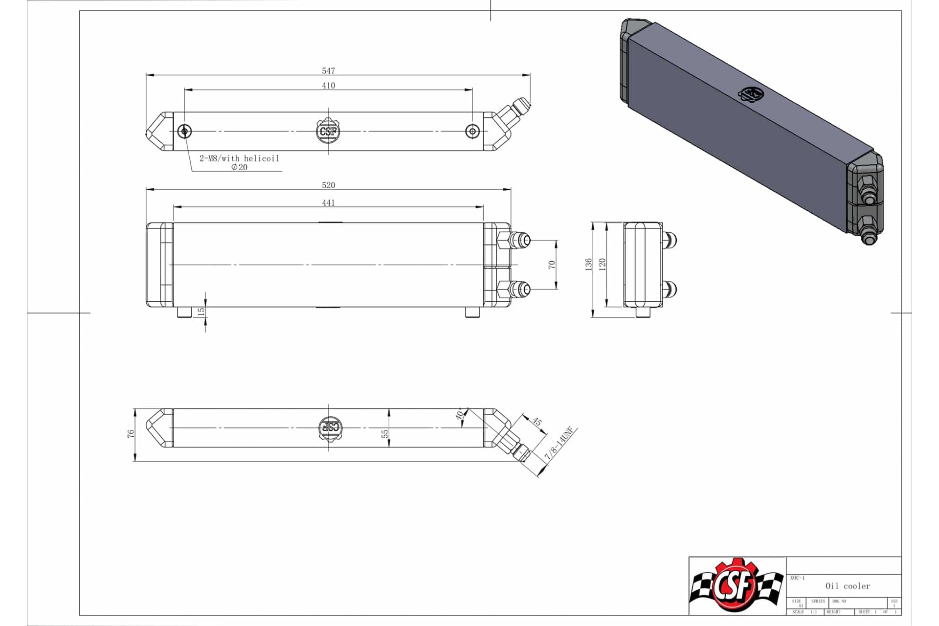CSF #8066 Universal Dual-Pass internal/external Oil Cooler - 22.0in L x 5.0in H x 2.25in W