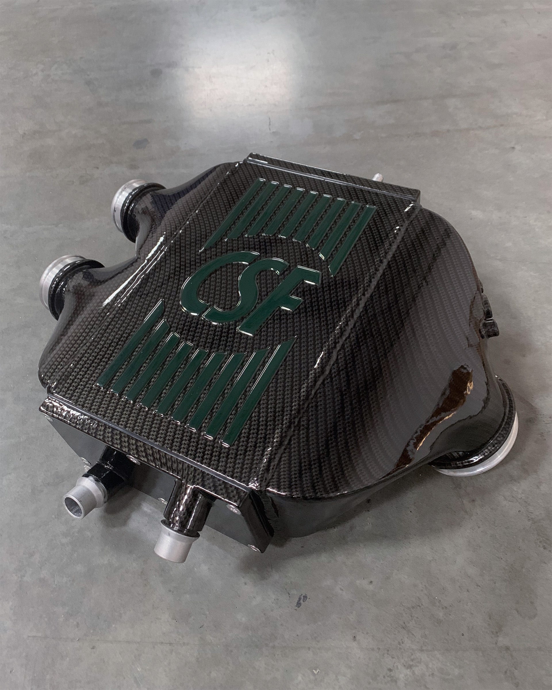 CSF #8082R F8X M3 / M4 / M2 Comp Top Mount Charge-Air-Cooler - Raw Finish custom finish - Hydro-dipped Carbon Fiber w/ British Racing Green Striping +$900.00