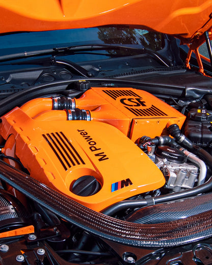 CSF #8082R F8X M3 / M4 / M2 Comp Top Mount Charge-Air-Cooler - Raw Finish custom finish - BMW Fire Orange w/ Black Pinstriping +$400.00