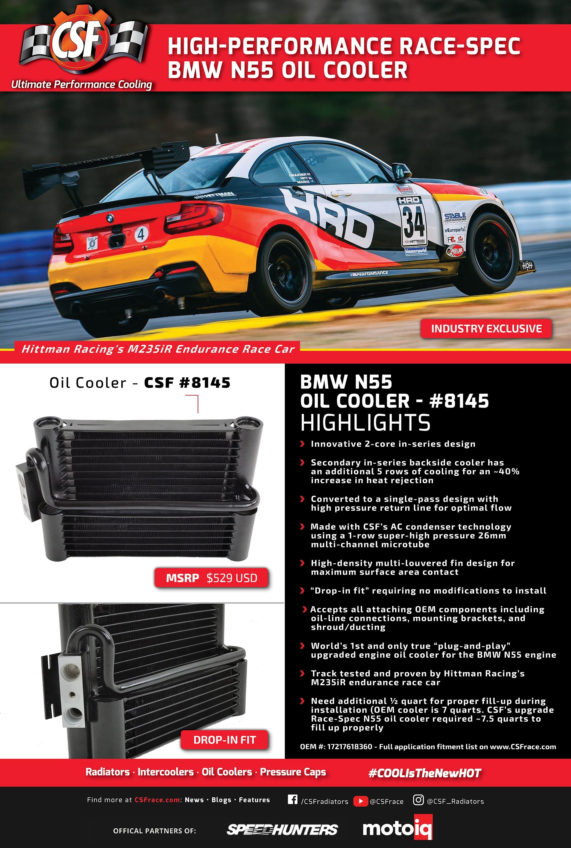 CSF #8145 BMW F3X / F2X (N55) Race-Spec Oil Cooler