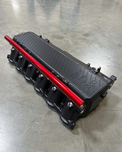 CSF #8200C A90 Supra / BMW B58 Charge-Air Cooler Manifold - Custom Finish custom finish - Thermal Black Heat Dispersion with Cusco/Verus Engineering Blue Fuel Rail
