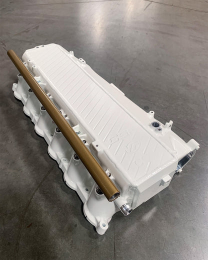 CSF #8200C A90 Supra / BMW B58 Charge-Air Cooler Manifold - Custom Finish custom finish - Alpine White with Gold Fuel Rail