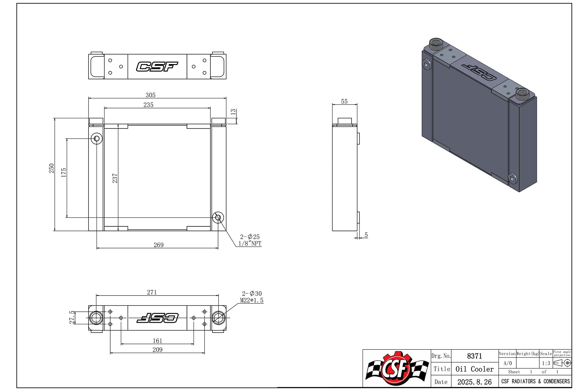 CSF #8371 CSF Universal Large Single-Pass Oil Cooler - M22 x 1.5 - 12.0L x 9.33H x 2.16W
