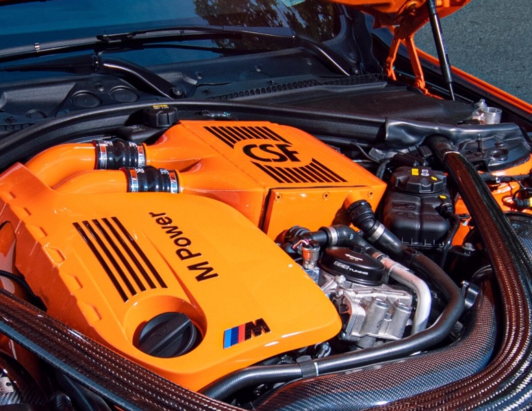 CSF Race BMW F8X M3/M4/M2C Top Mount Charge-Air-Cooler in custom BMW Fire Orange w/ Black Pinstriping - 8082